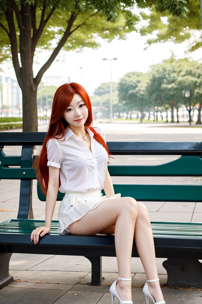 A sexy redhead Chinese lady with long hair sitting on a park bench wearing a short mini skirt with a tight white blouse. With sexy heels