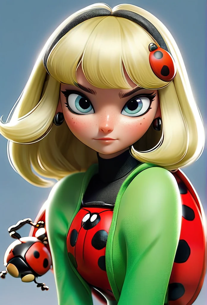 long, straight, blonde-haired, with bangs, Green have eyes, Miraculous Lady Bug