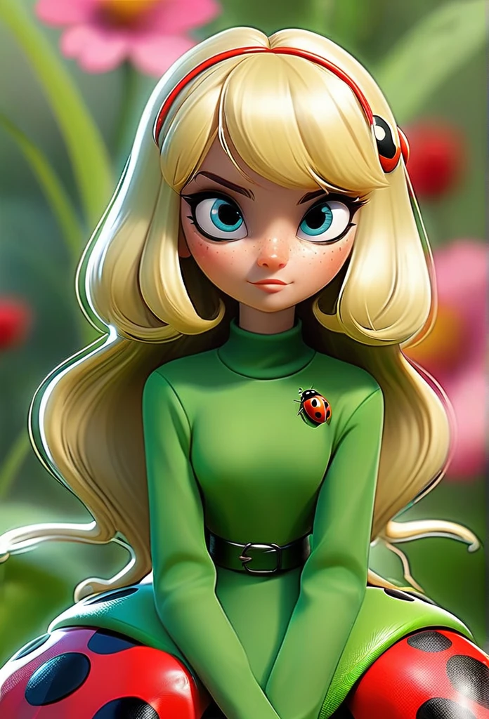 long, straight, blonde-haired, with bangs, Green have eyes, Miraculous Lady Bug