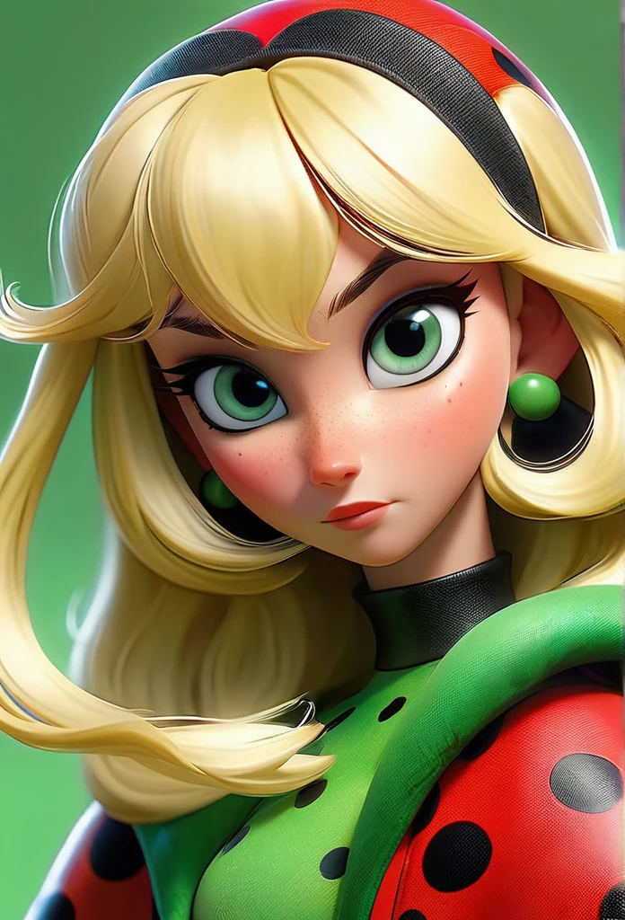 long, straight, blonde-haired, with bangs, Green have eyes, Miraculous Lady Bug