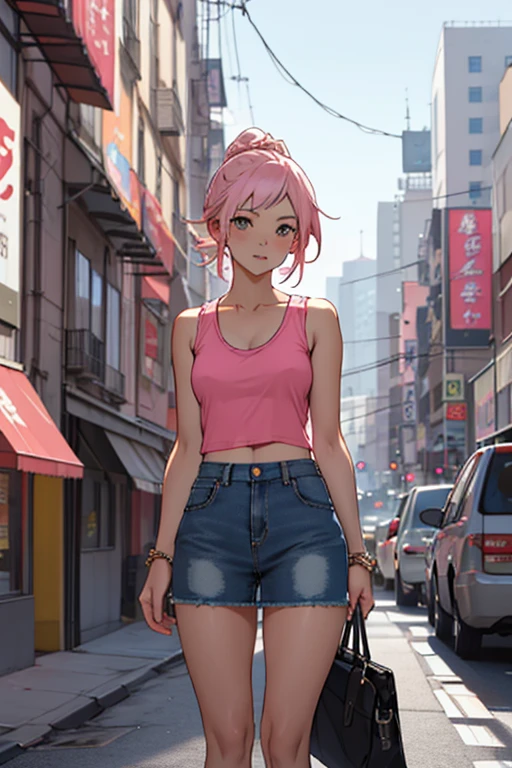 create an anime girl in a short denim skirt and a pink tank top 21 years old in an urban landscape