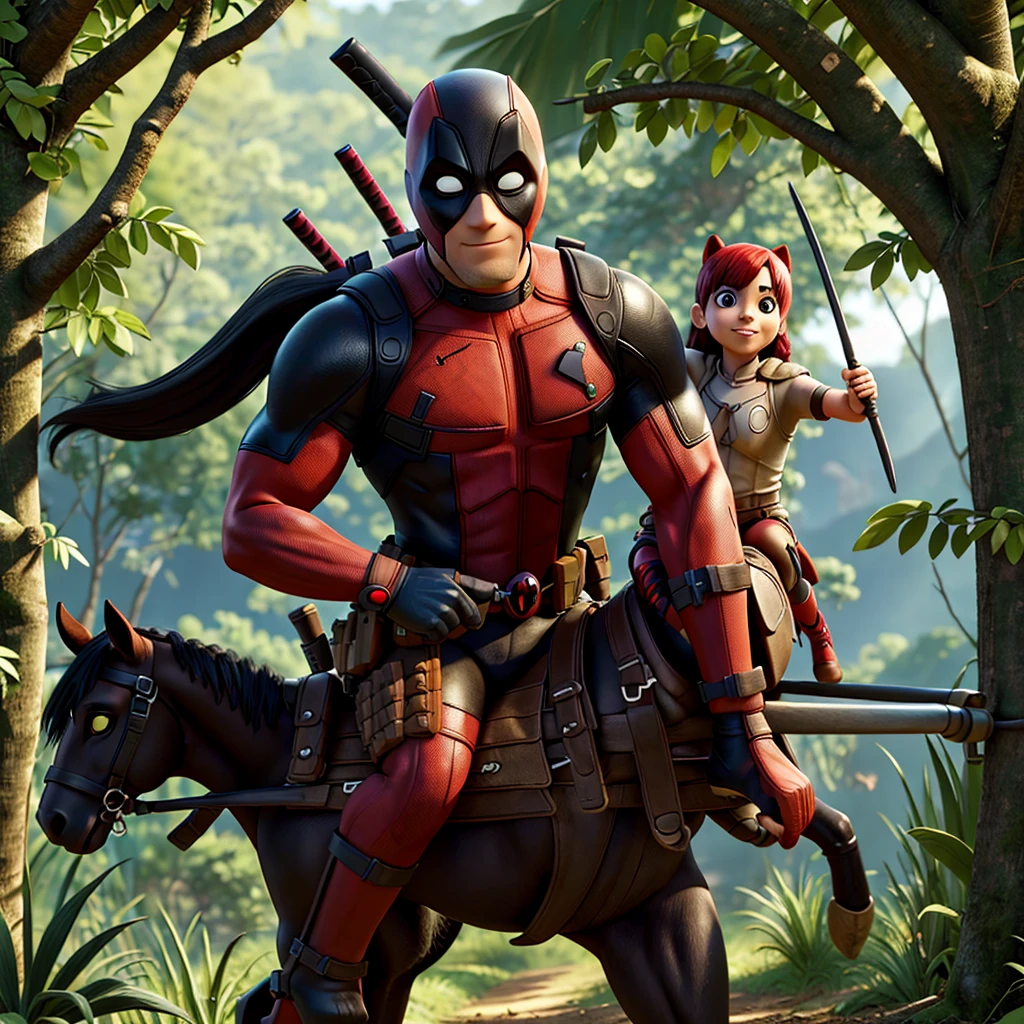 Deadpool with blades and riding horse in jungle hd wallpapers 8k
