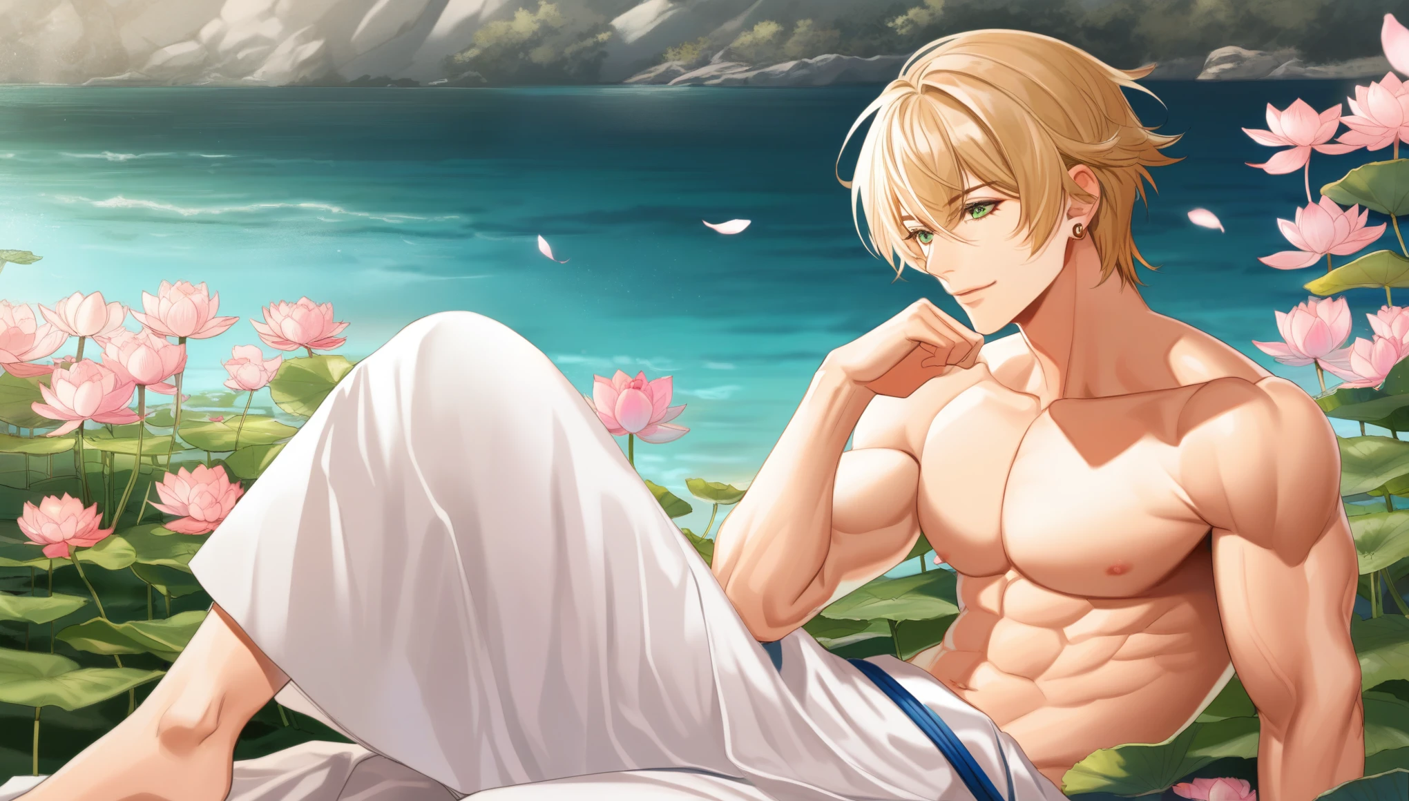 (absurd, highres, ultra detailed, HDR), masterpiece, best quality, perfect face, fine features, vivid green eyes, solo, male, handsome, detailed face, Taishakuten, ash blonde hair, hair between eyes, white tunic, chest, lotus earrings, onmyoji, pink petals, pink butterflies, sitting on the shore of a lake, looking at the water, perfect anatomy, athletic, light muscles,