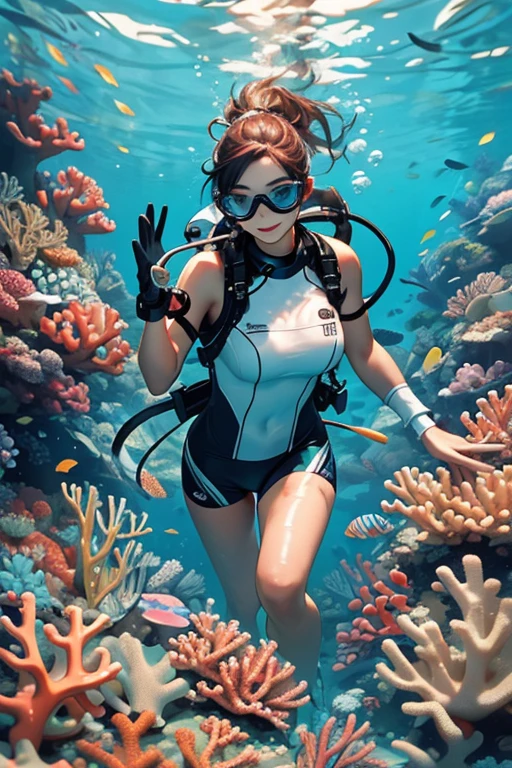 Highest quality、masterpiece、High sensitivity、High resolution、Detailed Description、Slender women、Scuba Diving、In the sea、Coral Reef、