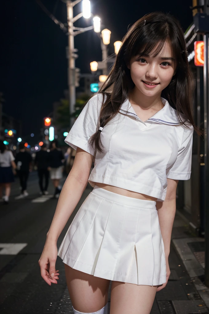 One incredibly cute girl,Super cute 16 year old girl、White skin、(Wearing a sailor uniform)、 Professional Lighting、Tokyo Street,night, Streetscape,City lights,Upper Body,close,smile,, (8k, RAW Photos, highest quality, masterpiece:1.2),(Realistic, photo-Realistic:1.37),Pull up your skirt、Panties are visible、
