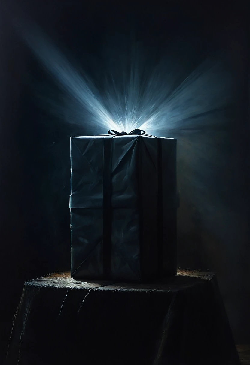 painting of a present, dark atmosphere, cinematic scene, volumetric lights, ultra realistic, in the style of nicola samori