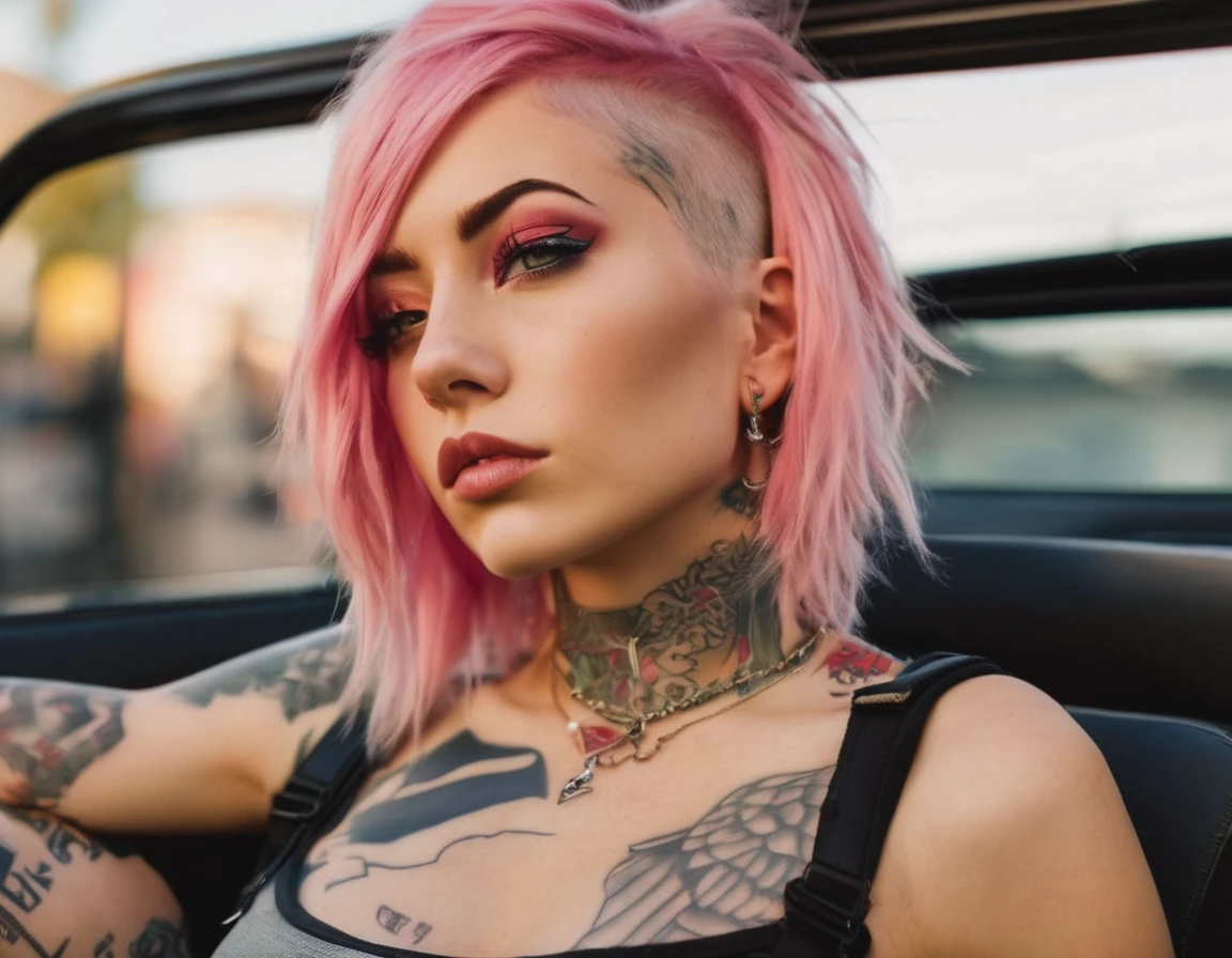 Young adult woman 22 years realistic, sexy with medium tits, modern punk style similar to harley queen, with long blonde and a little pink hair, with a broken heart tattoo on the neckline for the profile image