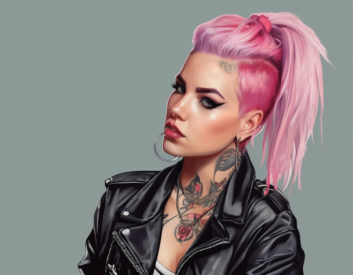 Young adult woman 22 years realistic, sexy with medium tits, modern punk style similar to harley queen, with long blonde and a little pink hair, with a broken heart tattoo on the neckline for the profile image