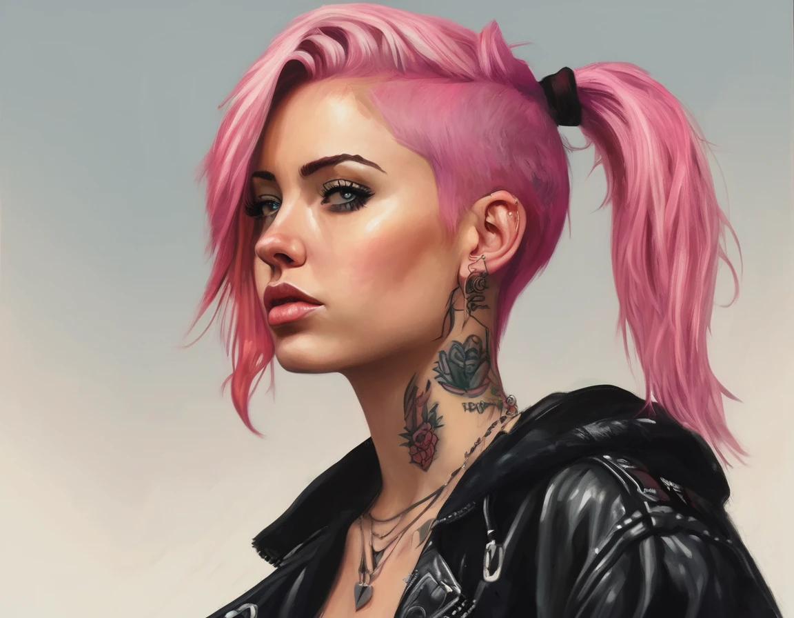 Young adult woman 22 years realistic, sexy with medium tits, modern punk style similar to harley queen, with long blonde and a little pink hair, with a broken heart tattoo on the neckline for the profile image