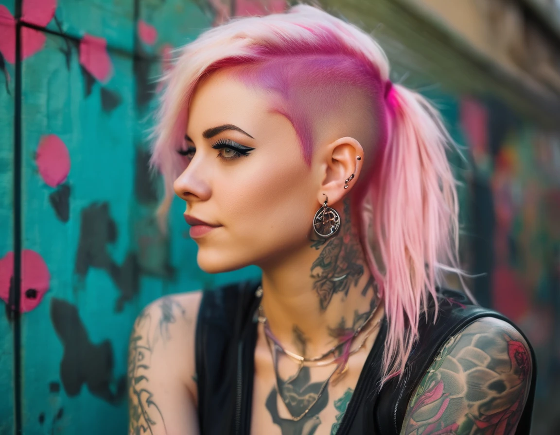 Young adult woman 22 years realistic, sexy with medium tits, modern punk style similar to harley queen, with long blonde and a little pink hair, with a broken heart tattoo on the neckline for the profile image