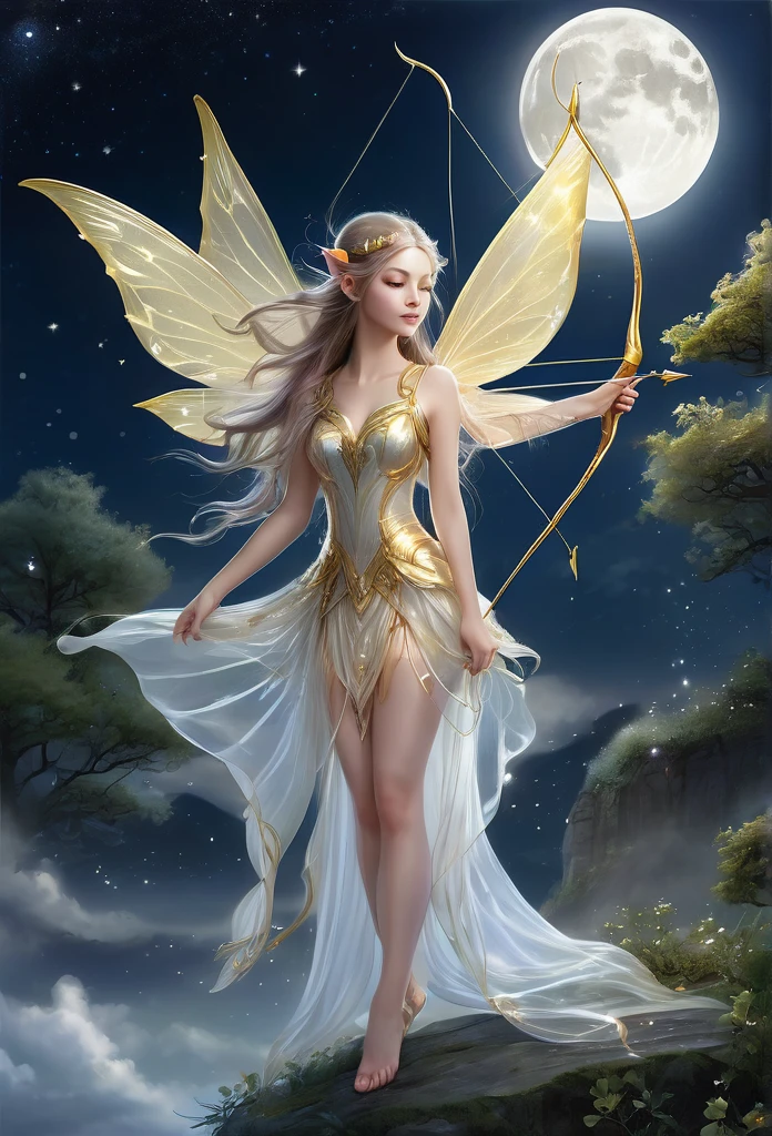 under a wonderful moonlight,clouds,stars,a beautiful fairy(((full body )))ethereal,translucent wings,long elf ear,gracefully shoots an arrow,beautiful fairy,long hair,short flowing dress,best quality,hyper detailed ,perfect anatomy, fantasy illustration,work of art,charming scenery,delicate,extraordinary beauty,golden details 