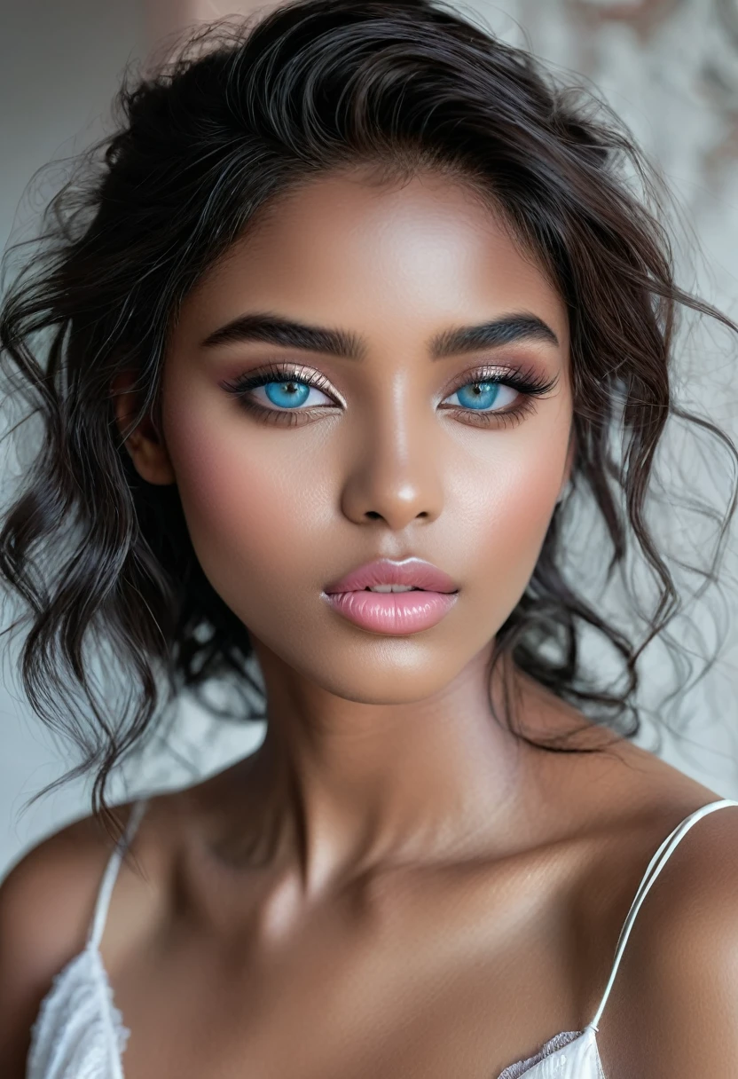 beautiful (((Dark skin:1.2))) androgen:1.3, ((Dark skin:1.2)), (((for white))), ethereal Dark skin beauty,piercing blue eyes,long flowing for white,Dark skin complexion,soft pink lips,sensual behavior,seductive look,elegant pose,subtle makeup,pure white dress,delicate features,striking contrast with its surroundings,Soft natural light,subtle shadows,ethereal atmosphere,vibrant colors,dream scenario,Romantic atmosphere,artistic portrait,Very detailed representation,Photorealistic quality. naked ,naked body