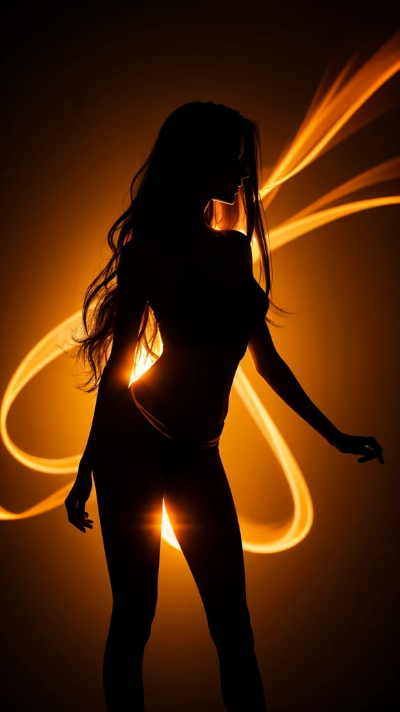 A silhouette of a slender woman with long hair, standing with her hands on her hips, illuminated by an orange glow that outlines her body.