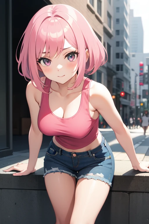 create an anime girl in a short denim skirt and a 21-year-old pink tank top in a cityscape