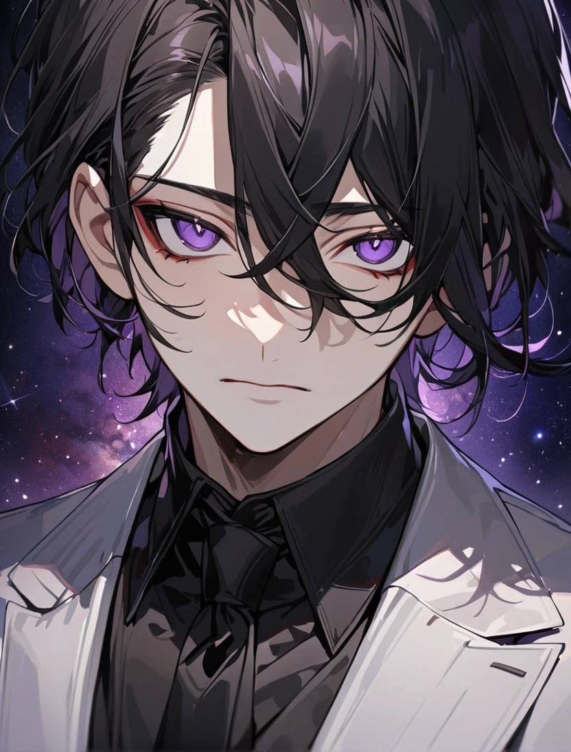 (black_hair), (long_male_hair), (deep_purple_eyes), (high_detailed_eyes), (attractive), (emotionless), (Deep_space_background), (male), (wearing _a_black_suit), (long_male_hair), (detailed_Hair), (detailed), (detailed_mouth), (close_up), (vertical_slit_pupils)