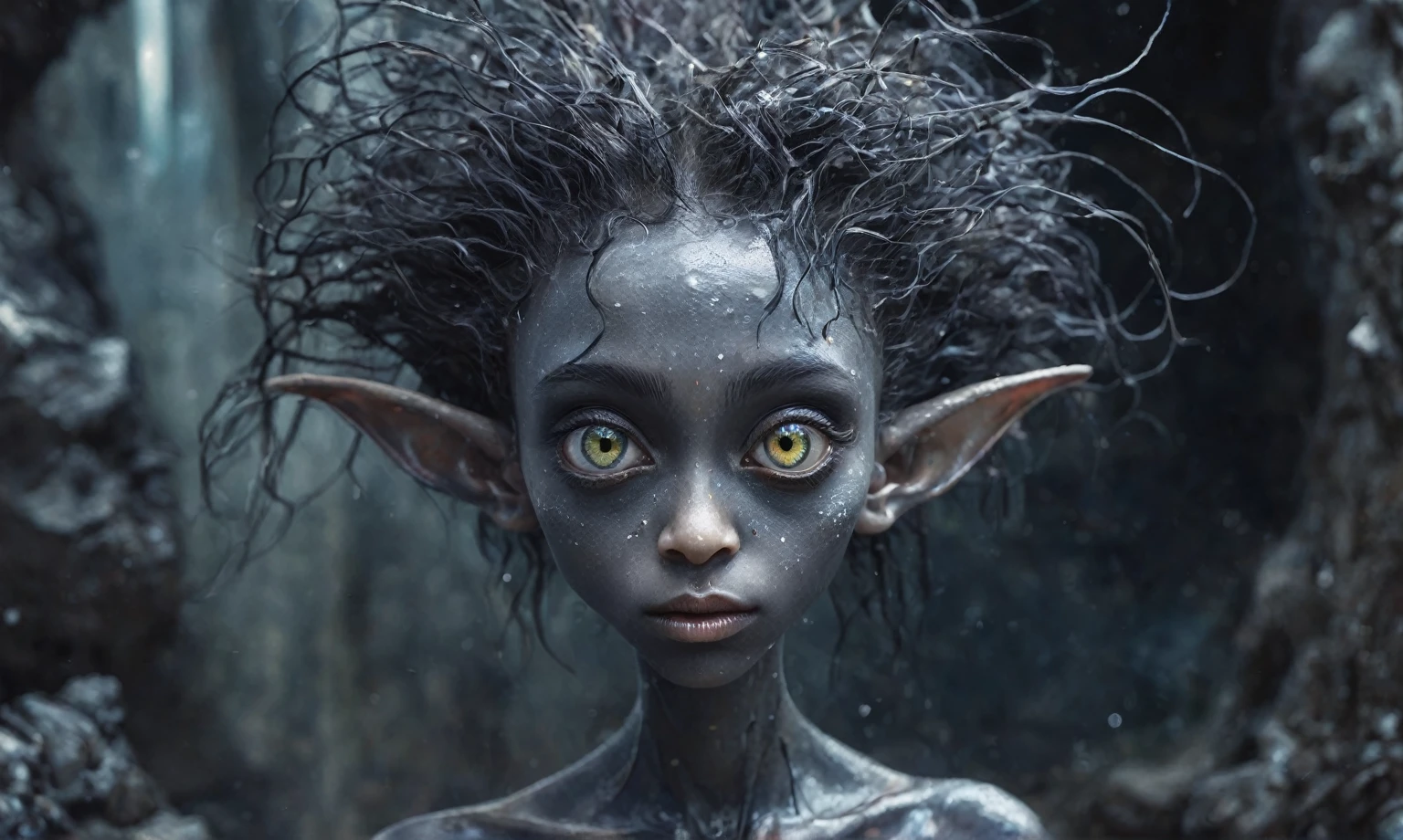 pretty face,eyebrow up,full body length shot,obsidian elf,full body length shot,very beggar niobium graphite The Alien Entity, babychild, wants eat,full body shot, of psychedelic style ,The iris looks weird, attractive, The stars in space is reflected in the pupil, goose down eyelashes, long wavy luminescent hair,insane baggy clothes,view from height,full-body-shot,High contrast,Masterpiece,Realistic,Ultra Detailed,intricate details,realistic humid skin,extremly intricate,realism,photorealism, cinematic style,irina yermolova,HDR,((Wangechi Quality)),ominous landscape,glate gray atmosphere,by art Simon Stalenhag,Nicola Samori,(((Wangechi Mutu))),prime colors,urban,extremely detailed,masterpiece,intricate details,faded,eyes extremely detailed, high detailed eyes,4k resolution,RAW, Nikon Z9,scary town,stalker,goblin,Dubai of United Arab Emirates,Mestichino,Light particles,marble leather ,ink photography ,Mestichino,Light particles,chaos