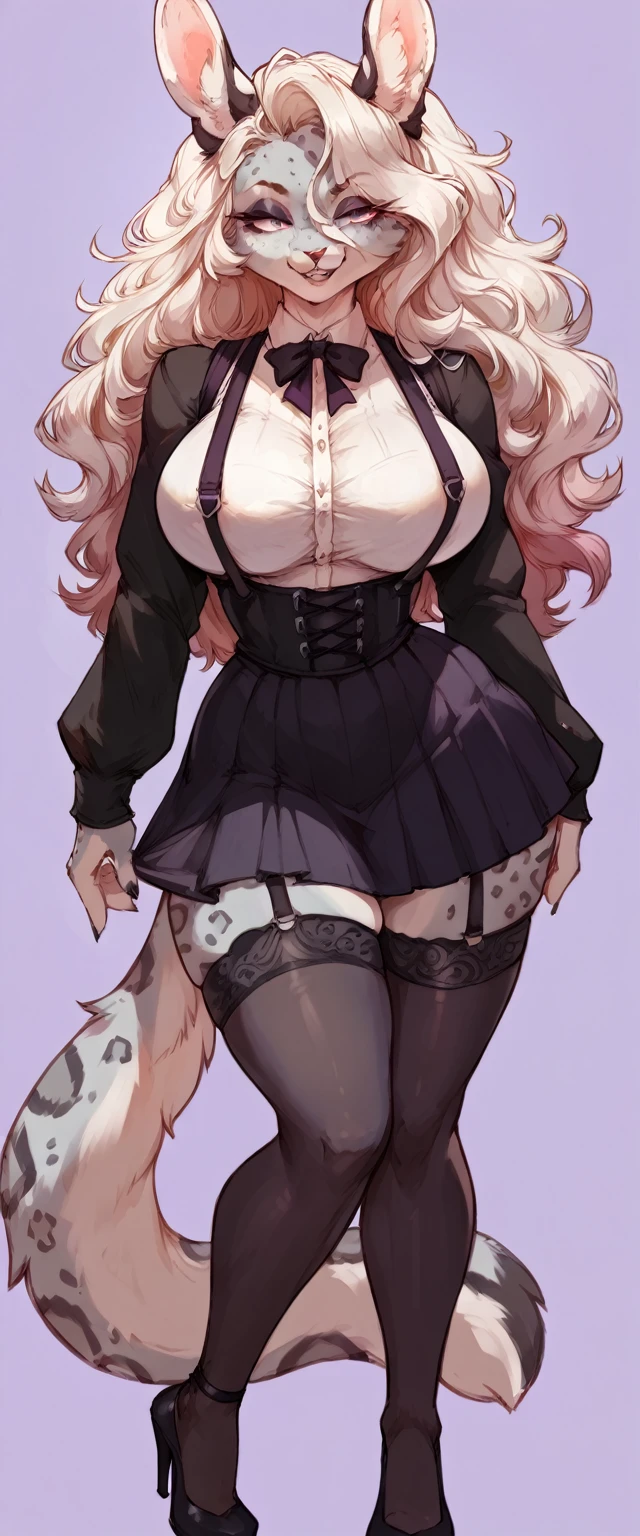 (solo) female anthro bunny, long fluffy hair, bunny, (big breasts:1.5), attractive, goth ((long sleeve blouse)) with ((high waist skirt)), suspenders, black stockings,   fit body, snow leopard tail,, thicc, freckles, freckles on face, smug eyes, (happy expression), she is standing look to the viewer , violet background, simple background, thick thighs  (front view) hig heels