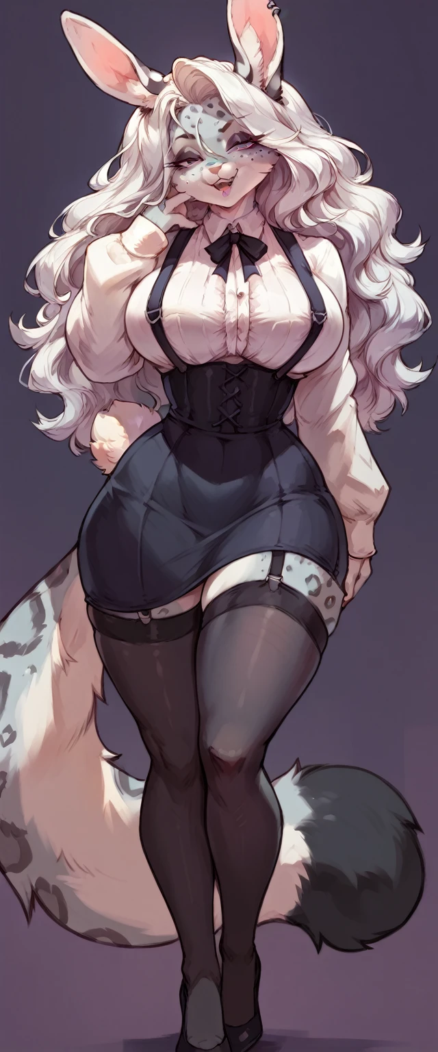 (solo) female anthro bunny, long fluffy hair, bunny, (big breasts:1.5), attractive, goth ((long sleeve blouse)) with ((high waist skirt)), suspenders, black stockings, fit body, snow leopard tail,, thicc, freckles, freckles on face, smug eyes, (happy expression), she is standing look to the viewer , violet background, simple background, thick thighs (front view) hig heels