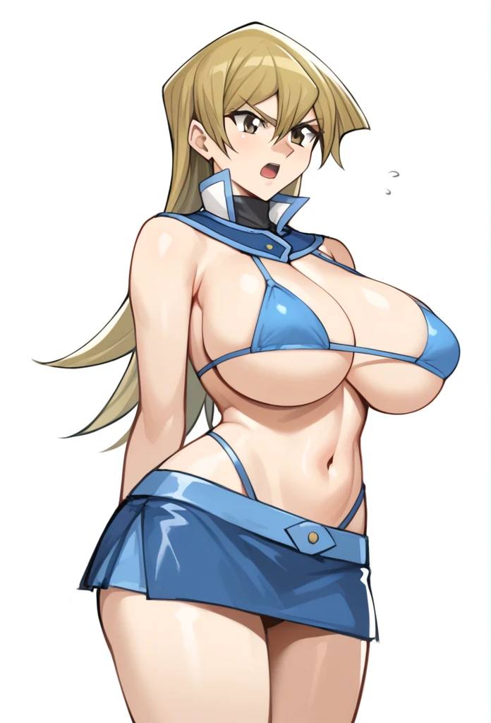 score_9,score_8_up,score_7_up,1girl, arm_behind_back, blonde_hair, brown_eyes, cropped_torso, microbikini, hair_between_eyes, highres, huge_breasts, simple_background, sketch, solo, straight_hair, tenjouin_asuka, turtleneck, very_long_hair, white_background,  huge , big breast, sexy, mini skirt, sexy legs, angry, open mouth, blue bikini, 