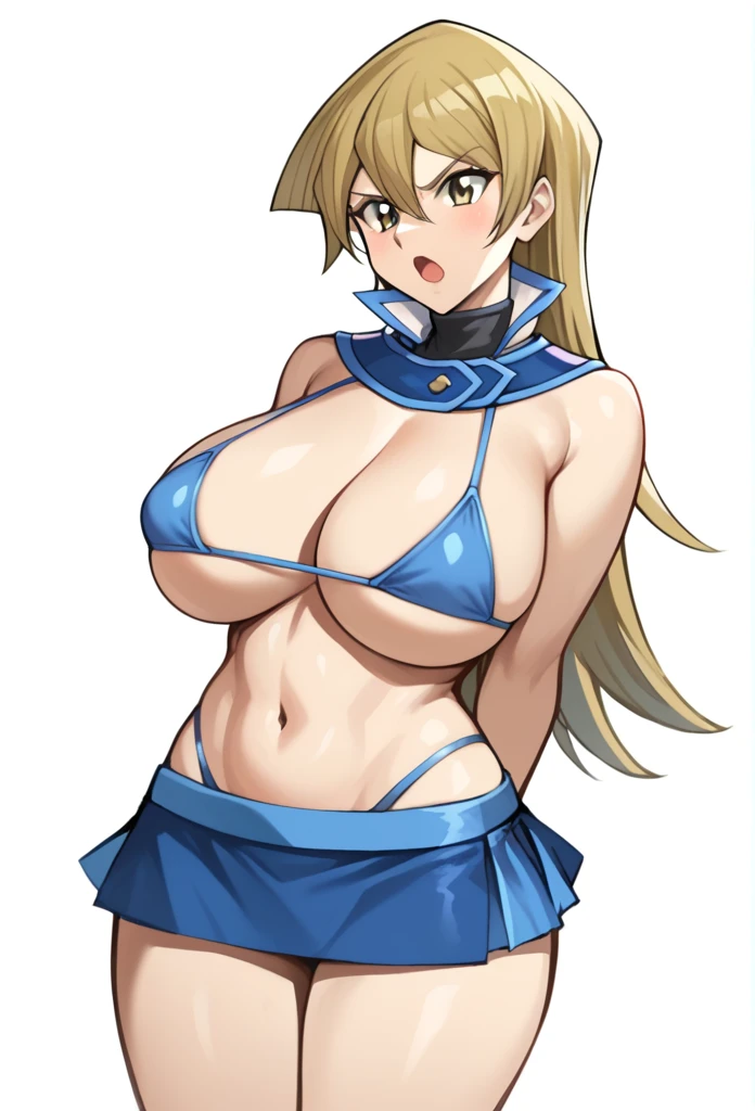 score_9,score_8_up,score_7_up,1girl, arm_behind_back, blonde_hair, brown_eyes, cropped_torso, microbikini, hair_between_eyes, highres, huge_breasts, simple_background, sketch, solo, straight_hair, tenjouin_asuka, turtleneck, very_long_hair, white_background, huge , big breast, sexy, mini skirt, sexy legs, angry, open mouth, blue bikini,