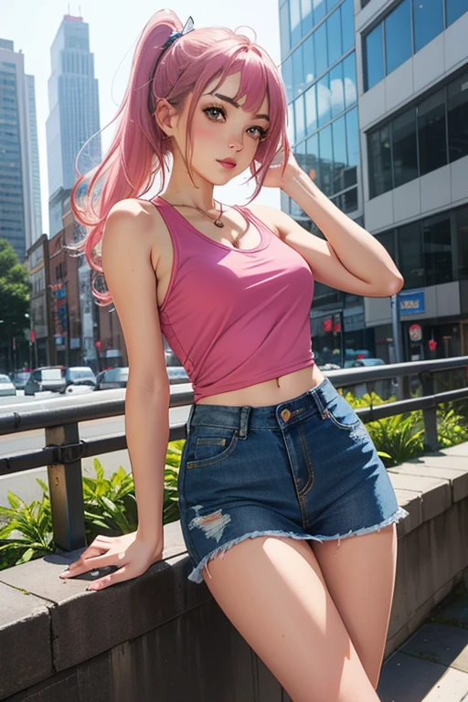 create an anime girl in a short denim skirt and a pink tank top 21 years old in an urban landscape