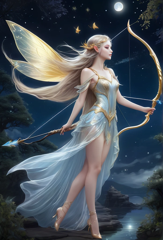 under a wonderful moonlight,clouds,stars,a beautiful fairy(((full body )))ethereal,translucent wings,long elf ear,gracefully shoots an arrow,beautiful fairy,long hair,short flowing dress,best quality,hyper detailed ,perfect anatomy, fantasy illustration,work of art,charming scenery,delicate,extraordinary beauty,golden details 