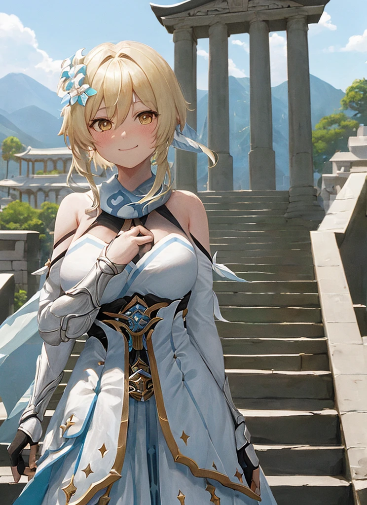 luminedef, upper body, smile, blush, outdoors, day, simple background, blue sky, short hair, sky, temple, looking at viewer, stairs, mountain, moody lighting, super gigantic breasts