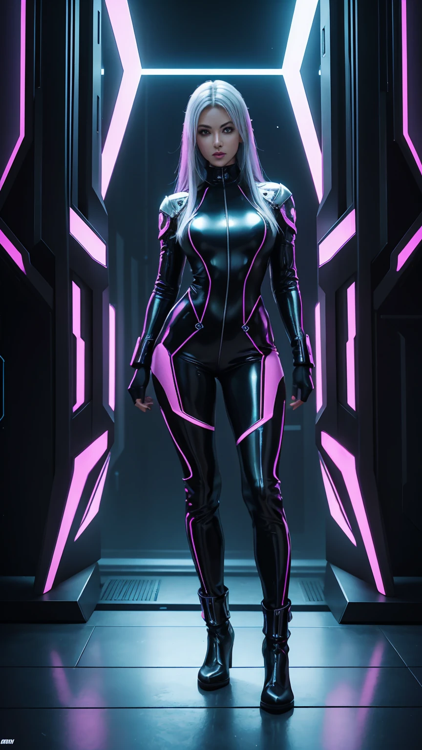 ((Full body photo, standing, feet on the floor))  "Create an image of Electra, the AI-generated model, standing confidently in a cyberpunk-inspired outfit – a metallic silver jumpsuit hugging her figure, paired with thigh-high black boots. The backdrop is an urban cityscape with vibrant neon lights, enhancing the futuristic vibe. Ensure the pose reflects a perfect blend of strength and elegance. Bring this vision to life!"