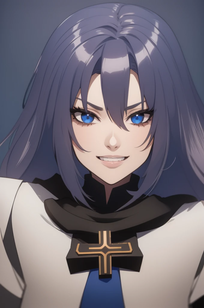 portrait villain girl wearing a cross holding a cross bearded evil laugh blue background dark night