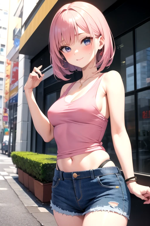 create an anime girl in a short denim skirt and a pink tank top 21 years old in an urban landscape