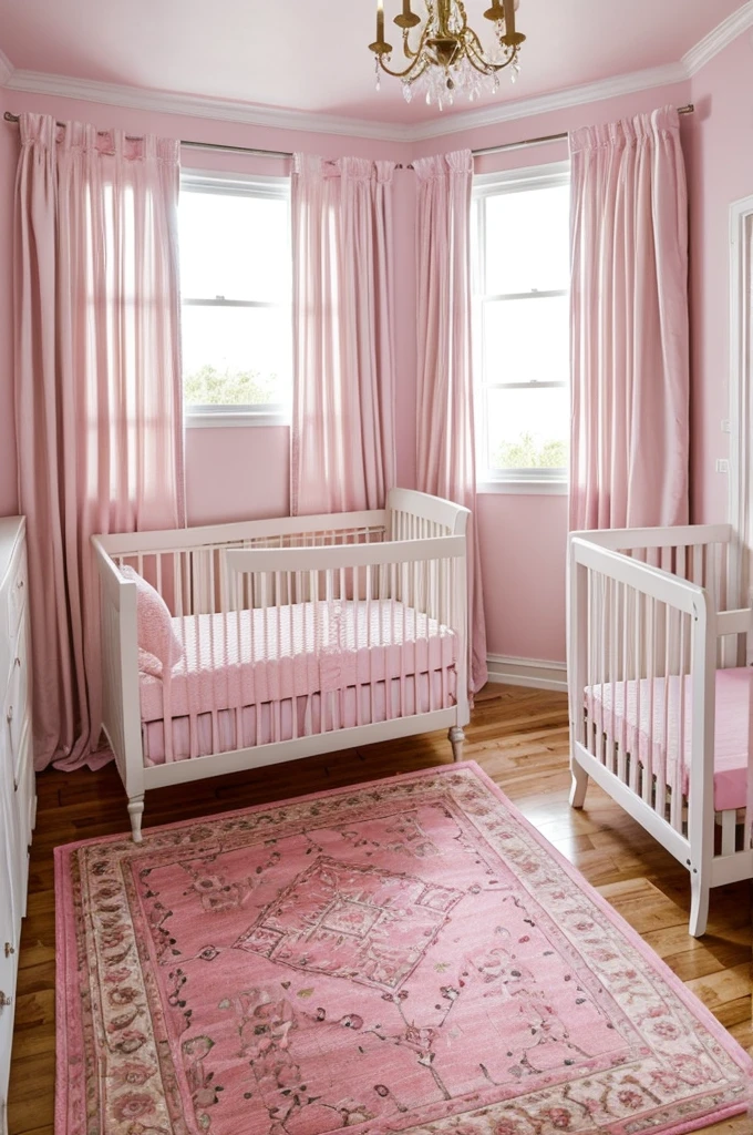 (Best Quality) a large luxurious room with a crib under a pink rug with a nice wooden floor and a large window with a white curtain and the wall painted pastel pink
