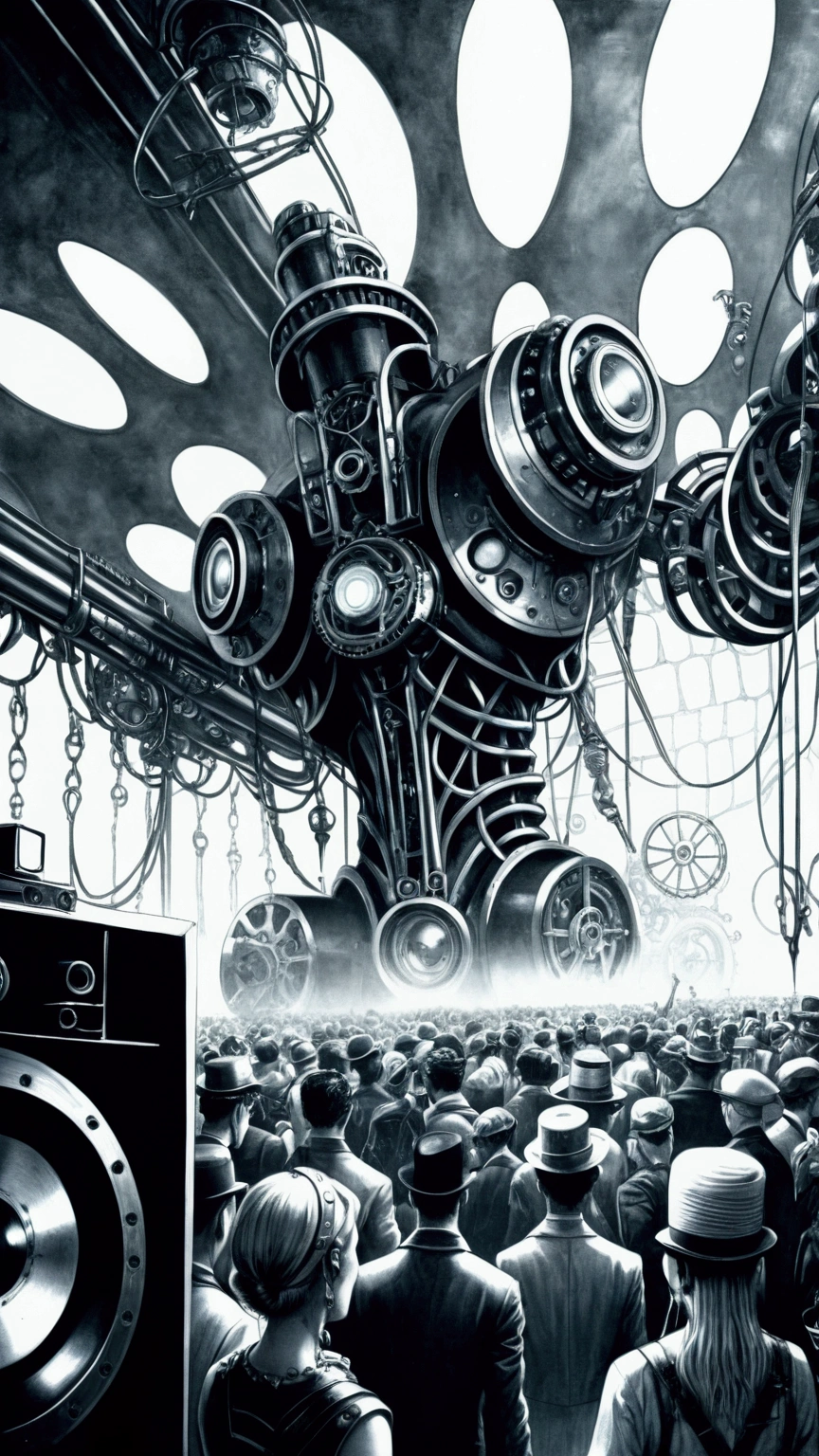 a pencil drawing in steampunk style of a rave party with lots of people, large sound system blasting with technology in a cybernetic forest, beautiful detailed eyes, beautiful detailed lips, extremely detailed eyes and face, long eyelashes, intricate machinery, gears, pipes, industrial elements, neon lights, glowing technology, dark moody atmosphere, dramatic lighting, dramatic shadows, rich textures, (best quality,4k,8k,highres,masterpiece:1.2),ultra-detailed,(realistic,photorealistic,photo-realistic:1.37),concept art, cinematic composition, digital art, atmospheric, moody, dark, dystopian, cyberpunk, vibrant colors
