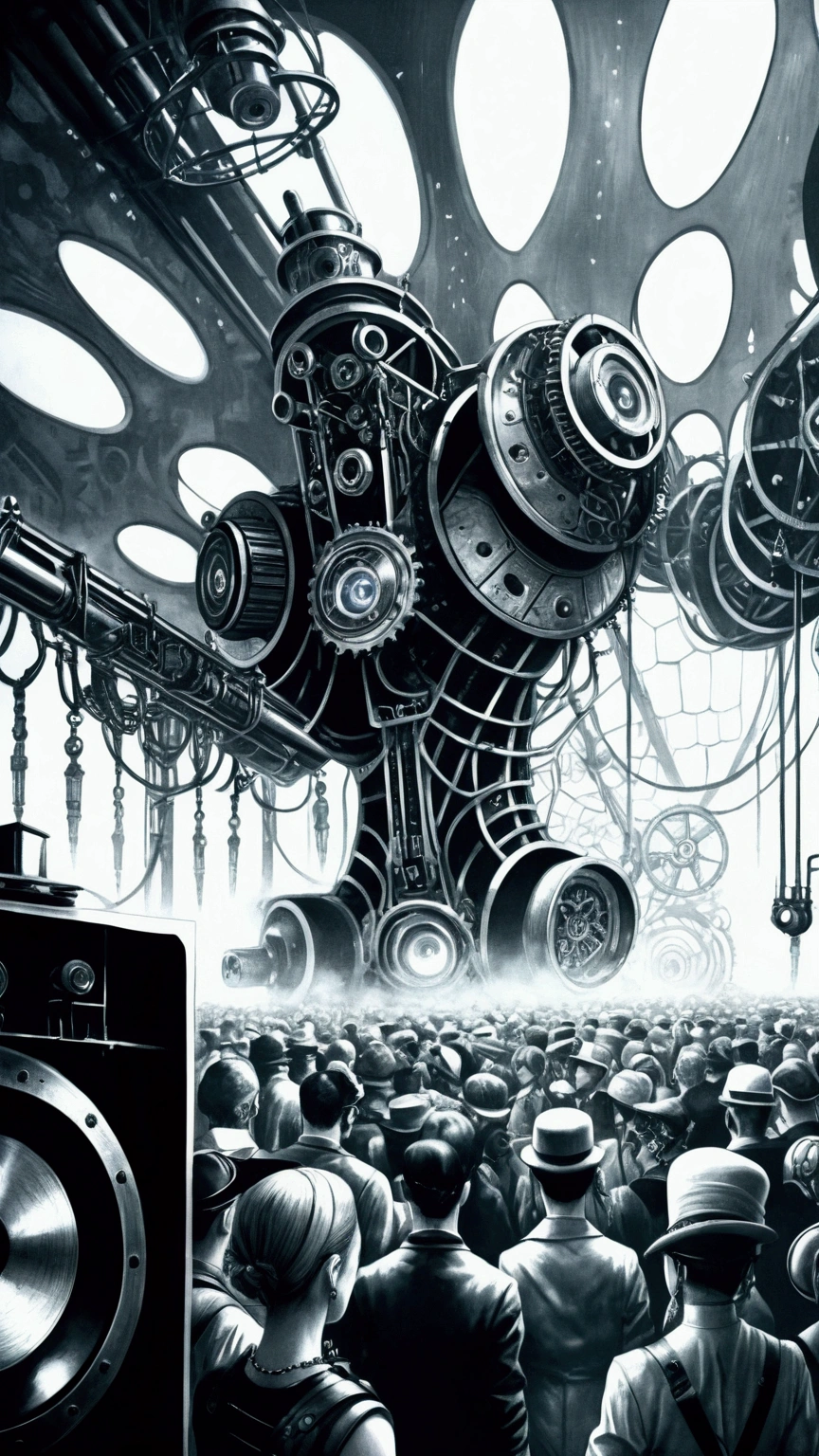 a pencil drawing in steampunk style of a rave party with lots of people, large sound system blasting with technology in a cybernetic forest, beautiful detailed eyes, beautiful detailed lips, extremely detailed eyes and face, long eyelashes, intricate machinery, gears, pipes, industrial elements, neon lights, glowing technology, dark moody atmosphere, dramatic lighting, dramatic shadows, rich textures, (best quality,4k,8k,highres,masterpiece:1.2),ultra-detailed,(realistic,photorealistic,photo-realistic:1.37),concept art, cinematic composition, digital art, atmospheric, moody, dark, dystopian, cyberpunk, vibrant colors