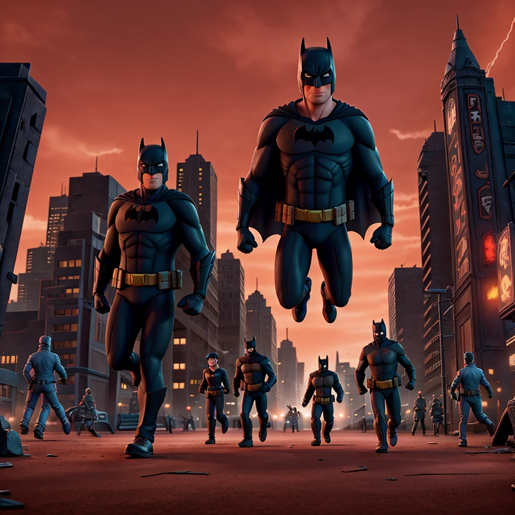 Batman in dark city with gun in hand and peoples running , red sky and red rain