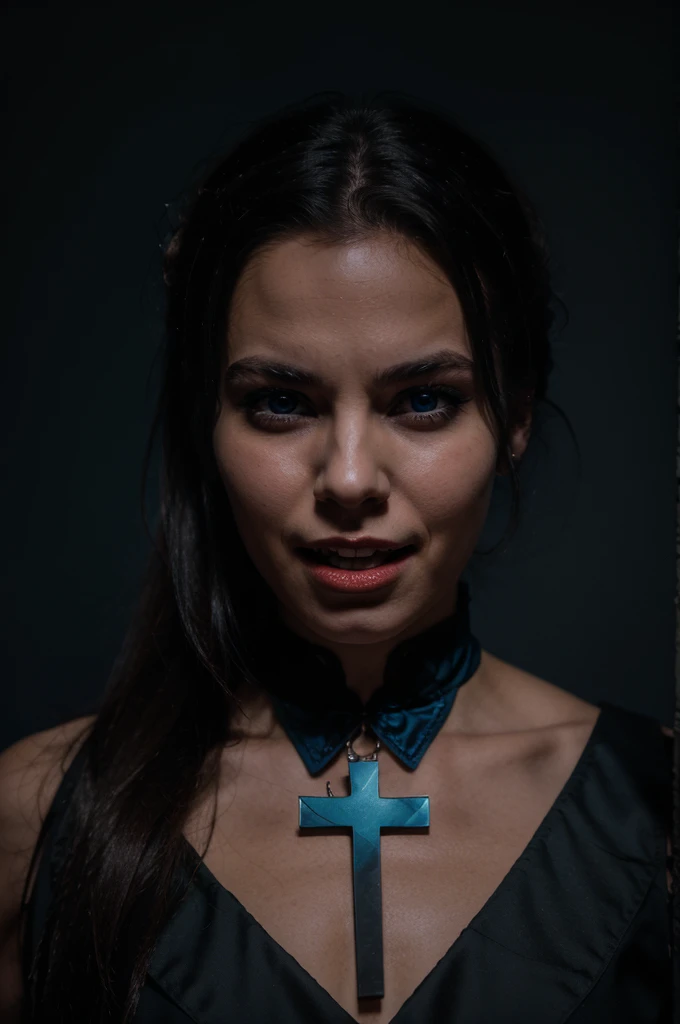portrait villain girl wearing a cross holding a cross bearded evil laugh blue background dark night