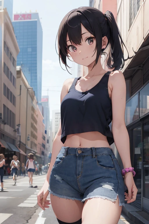 create an anime girl in a short denim skirt and a pink tank top 21 years old in an urban landscape