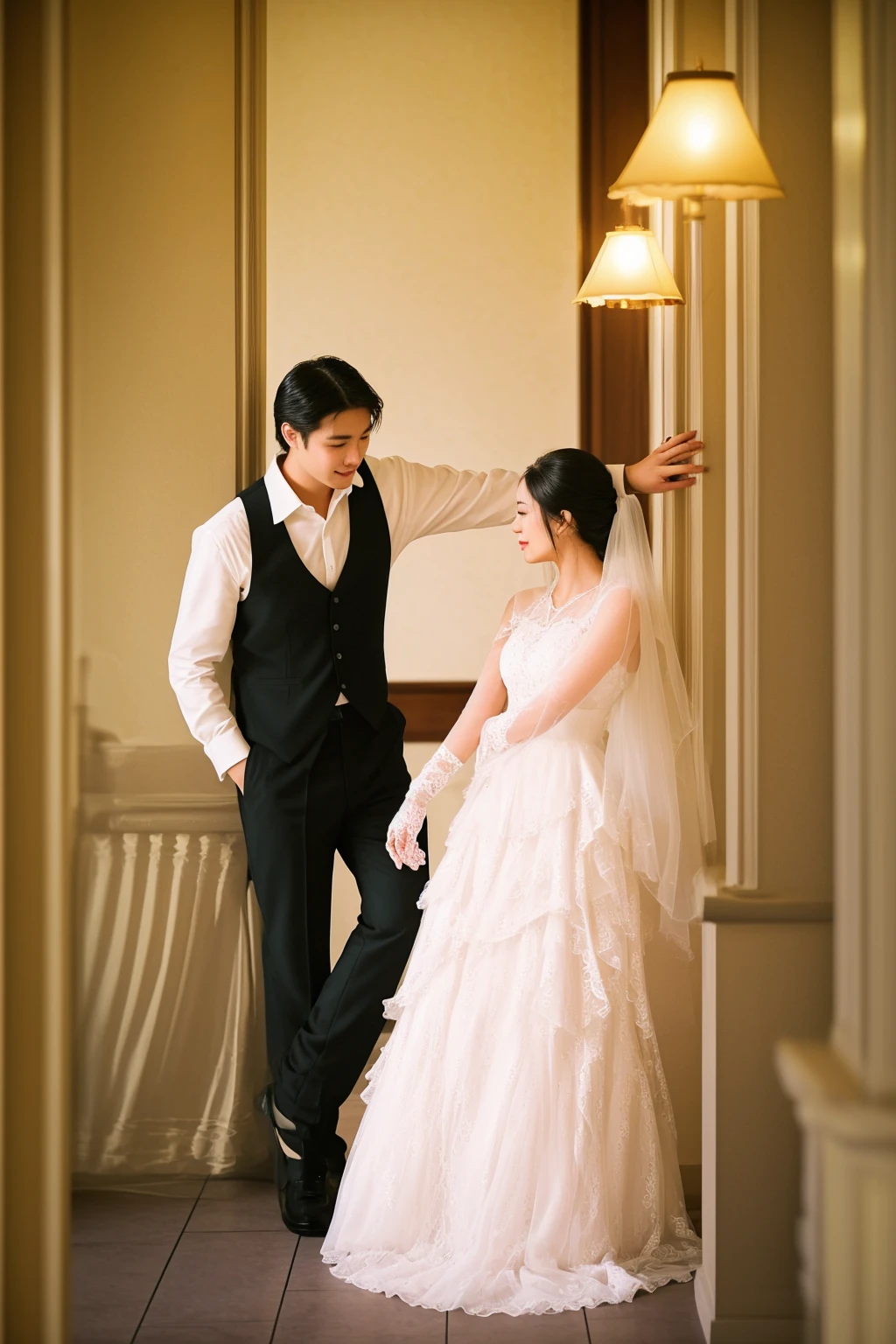 bride and groom standing in doorway of hotel room with light on, professional wedding photography, wedding photography, luxurious wedding, scintillating, wedding, wedding photo, photo taken with nikon d 7 5 0, photo taken with nikon d750, bride and groom, groom, full pose, jacqueline e, look at the details, lovely couple, romantic, diy