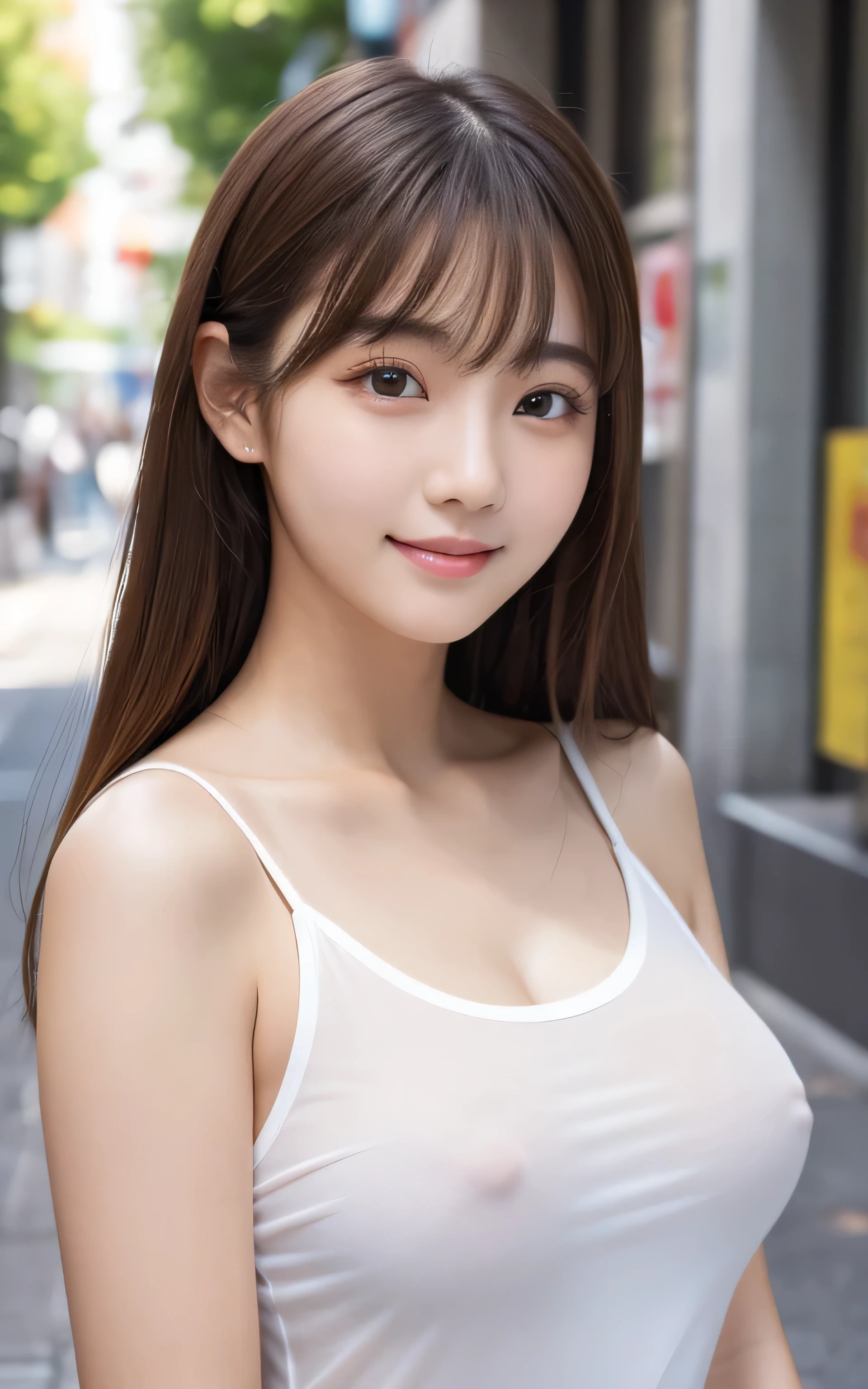 Tabletop, Highest quality, shape, Very detailed, High resolution, 8k wallpaper, Perfect dynamic composition, One Japanese woman,Beautiful and beautiful eyes, Cute eyes,Large Breasts,whole body,Natural Lip, white T-shirt,(see-through nipples:1.1),bustling street,Very fine grain definition,(Round face),beautiful girl,,Realistic,Tiny bangs,Droopy eyes,A shy smile,Brown Hair,Aligned teeth,