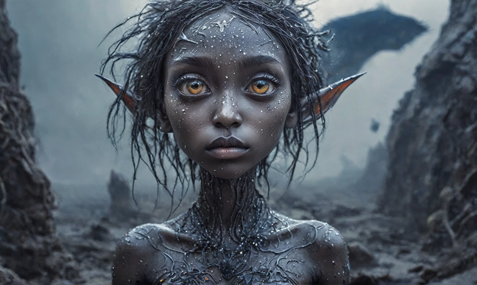 pretty face,eyebrow up,full body length shot,obsidian elf,full body length shot,very beggar niobium graphite The Alien Entity, babychild, wants eat,full body shot, of psychedelic style ,The iris looks weird, attractive, The stars in space is reflected in the pupil, goose down eyelashes, long wavy luminescent hair,insane baggy clothes,view from height,full-body-shot,High contrast,Masterpiece,Realistic,Ultra Detailed,intricate details,realistic humid skin,extremly intricate,realism,photorealism, cinematic style,irina yermolova,HDR,((Wangechi Quality)),ominous landscape,glate gray atmosphere,by art Simon Stalenhag,Nicola Samori,(((Wangechi Mutu))),prime colors,urban,extremely detailed,masterpiece,intricate details,faded,eyes extremely detailed, high detailed eyes,4k resolution,RAW, Nikon Z9,scary town,stalker,goblin,Dubai of United Arab Emirates,Mestichino,Light particles,marble leather ,ink photography ,Mestichino,Light particles,chaos