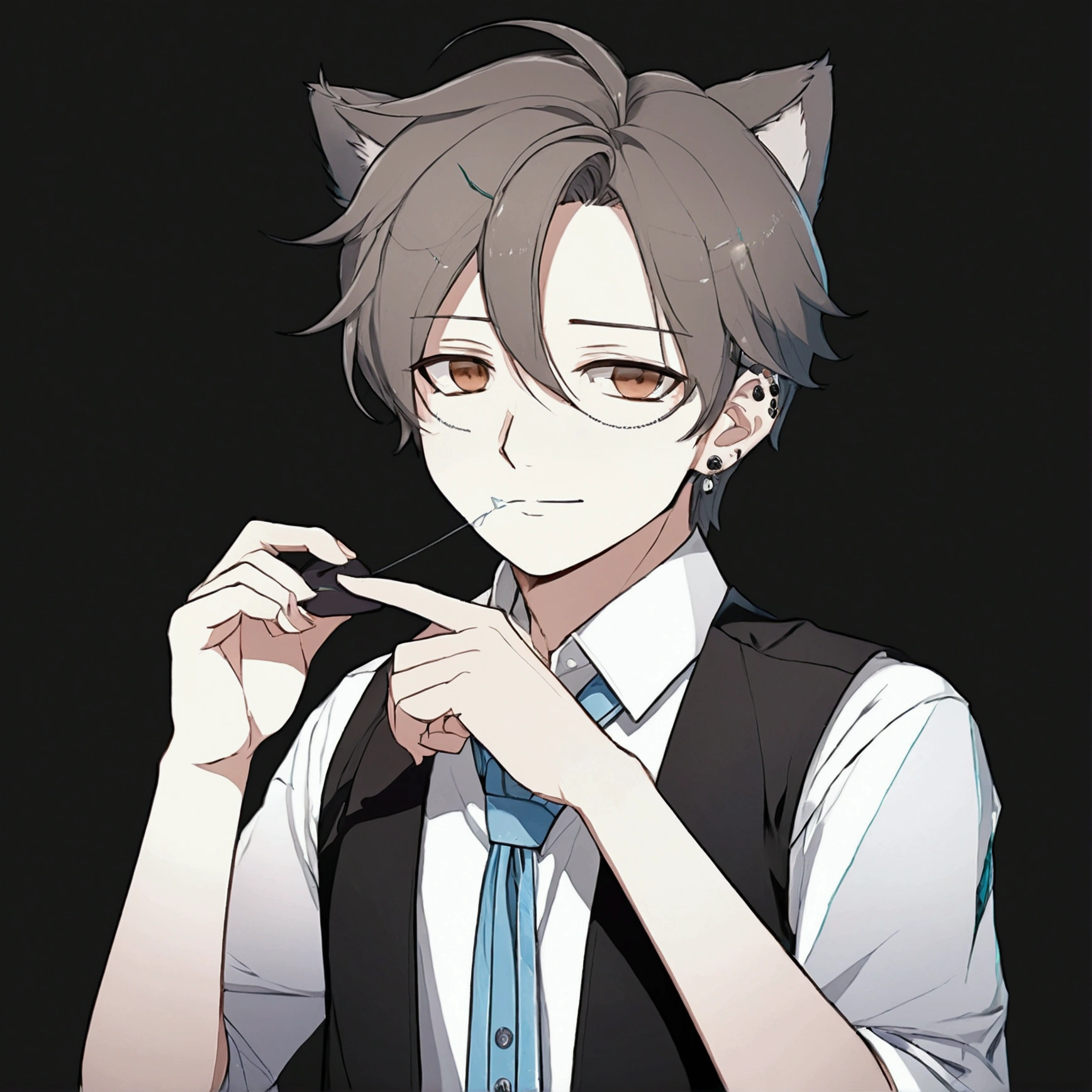 Generate me a soft and masculine young man, around 16 years of age. His hair is short and dark brown while his eyes are coloured light brown. He is wearing a white button up shirt and a black vest with a light blue tie. Give him some silver earings and a small silver crown above his head.