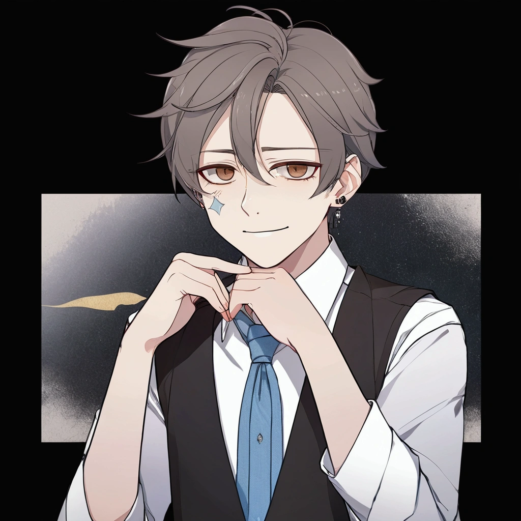 Generate me a soft and masculine young man, around 16 years of age. His hair is short and dark brown while his eyes are coloured light brown. He is wearing a white button up shirt and a black vest with a light blue tie. Give him some silver earings and a small silver crown above his head.