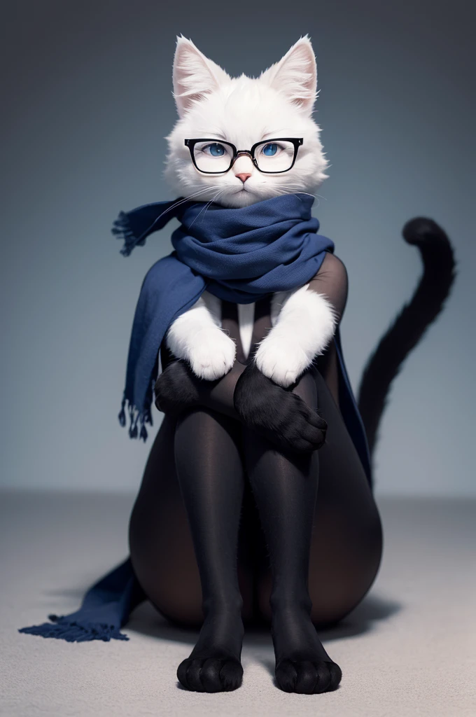"Create an image of a furry anthropomorphic cat with the following characteristics: white fur, Square-framed glasses, black ears, black legs from feet to knees, black arms from hands to forearms, black tail tip and wearing a blue scarf."