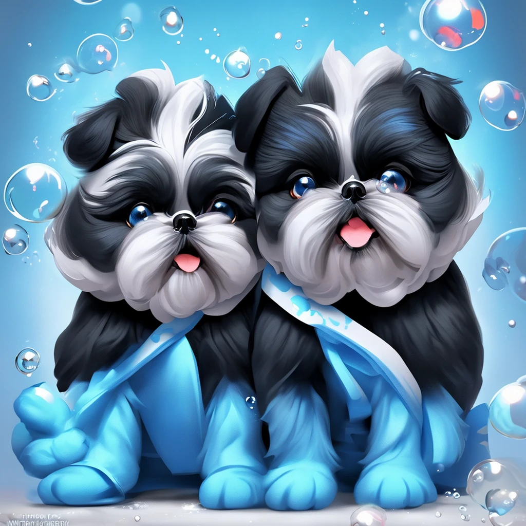 2 black Shih Tzu puppies with blue eyes, wearig goggles, covered in shampoo bubbles, happy, playful, excited, vibrant bubbles in back ground