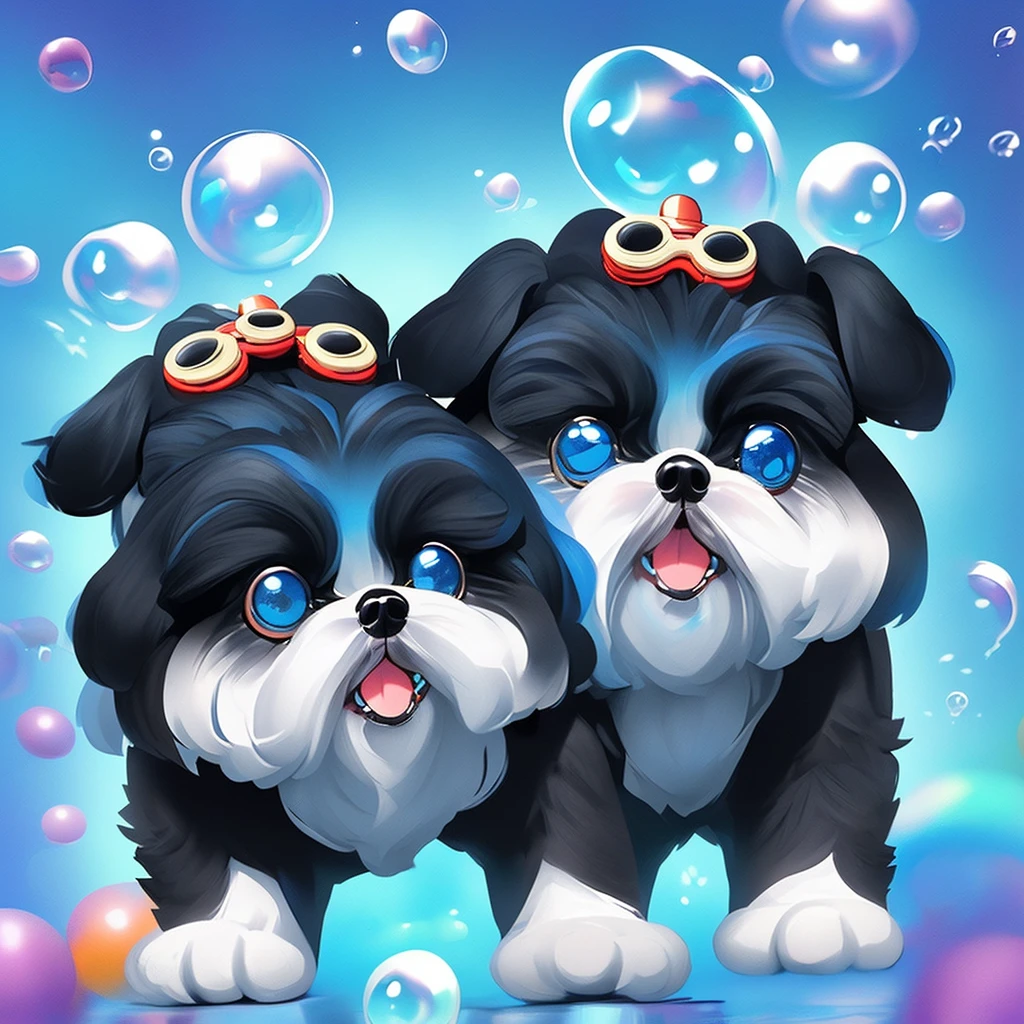 2  black Shih Tzu puppies with blue eyes, wearig goggles,  covered in shampoo bubbles, happy, playful, excited, vibrant bubbles in back ground