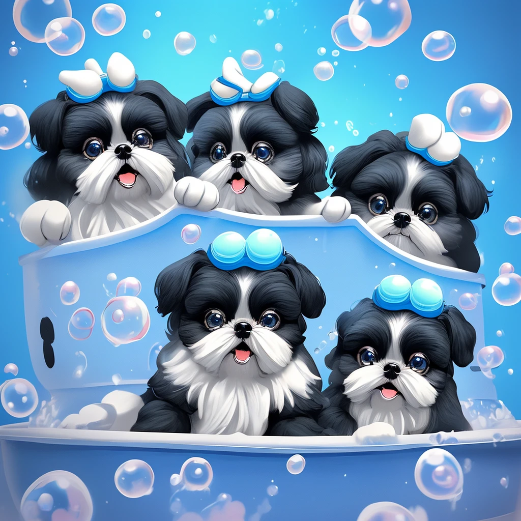 2 black Shih Tzu puppies with blue eyes, wearig goggles, covered in shampoo bubbles, happy, playful, excited, vibrant bubbles in back ground