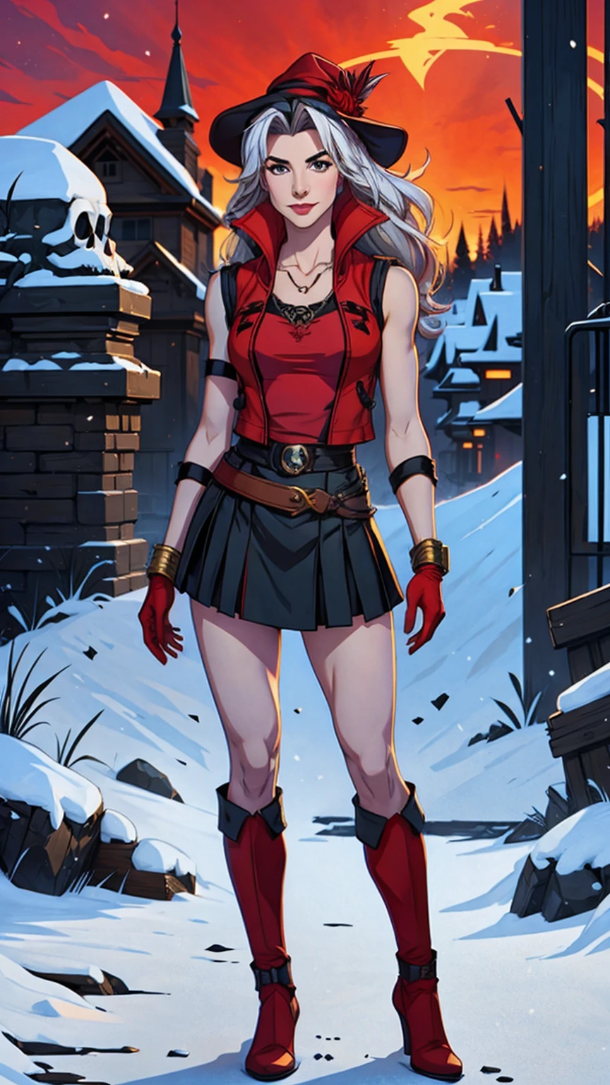 ((Full body photo, standing, feet on the floor)) full body Esbian, of the highest quality, Intricately detailed skins, Shiny skin, Shiny hair, pale complexion,Big breasts), Red sky, Continuous snow, Castle terrace, ((Skull Mark)), ambitious, Seductive Woman, Gray hair, Long hair, Hair fluttering in the wind, Skull mask on half of the face, Detailed tattoos, Red leather clothes, Red sleeveless clothes, Red leather coat, Black leather gloves, Solid Gold Bracelet, leather skirt red skirt, , small hat, (Leather Belt), Look far away