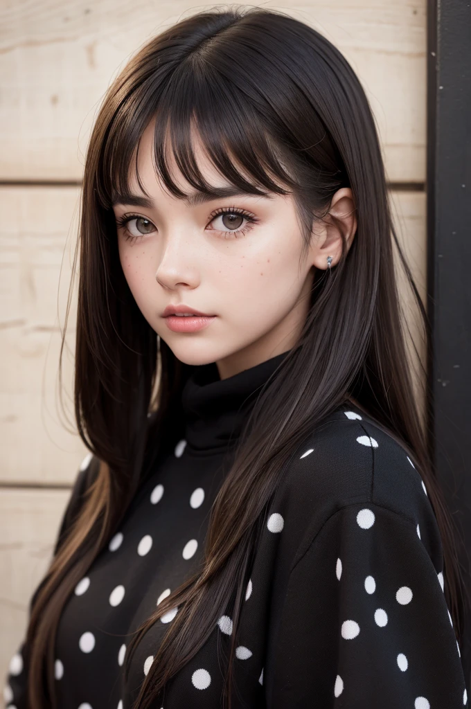 Create a brunette girl with some dots on her realistic face, in black sweatshirt with a little bar in the background