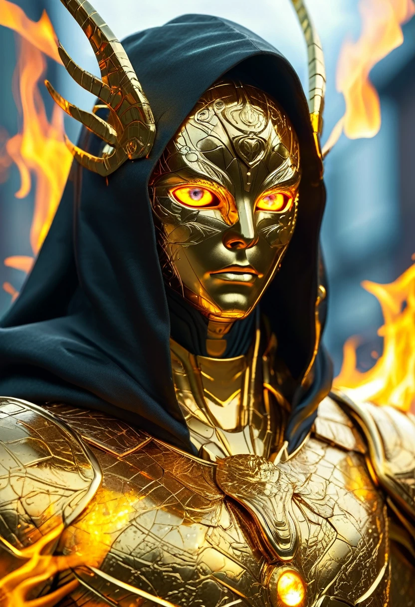 A golden hooded god with eyes of fire, in error form, bug texture, informatica, hack, matrix