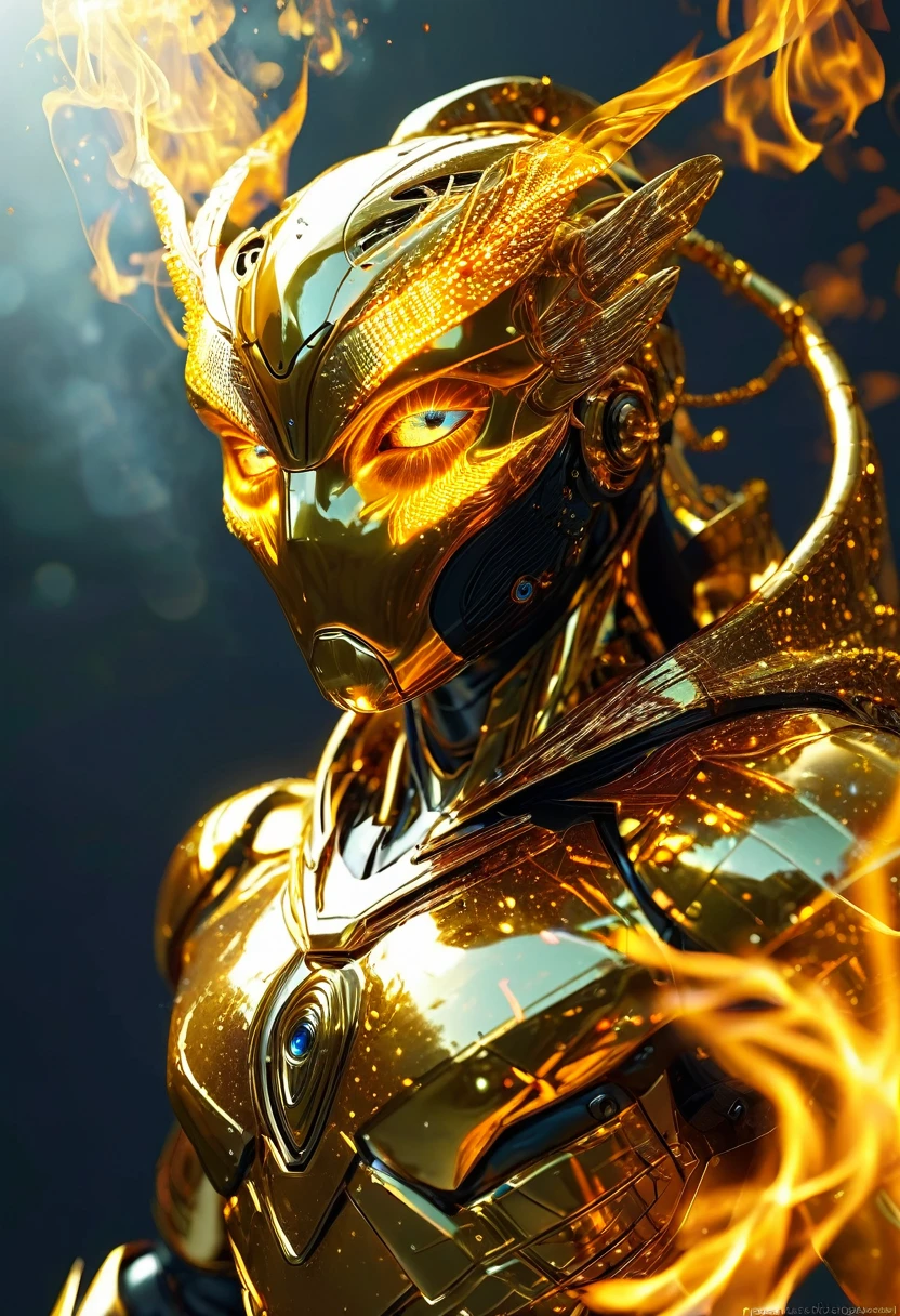 A golden hooded god with eyes of fire, in error form, bug texture, informatica, hack, matrix