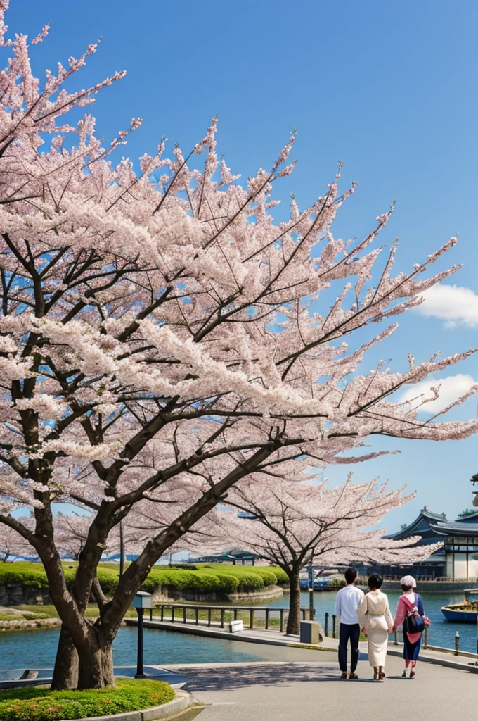 Create an animation of two Japanese lovers at the edge of the port of a large city in Japan with apple trees in bloom